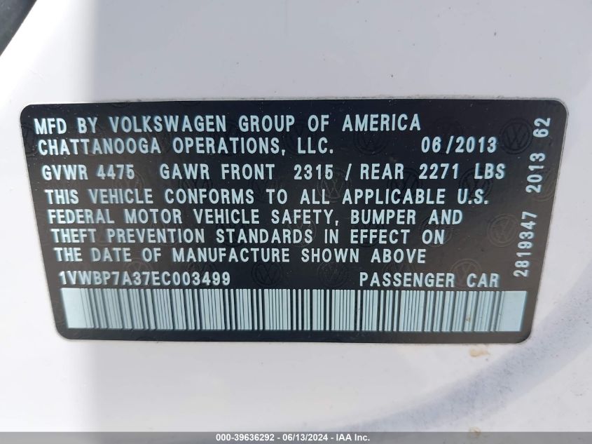 2014 Volkswagen Passat 2.5L Se VIN: 1VWBP7A37EC003499 Lot: 39636292