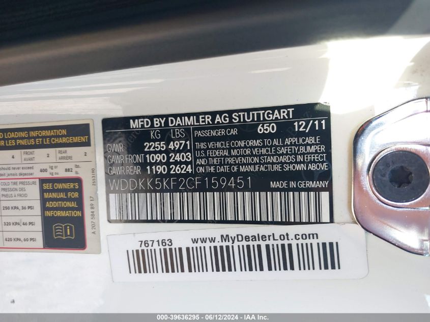 2012 Mercedes-Benz E 350 VIN: WDDKK5KF2CF159451 Lot: 39636295