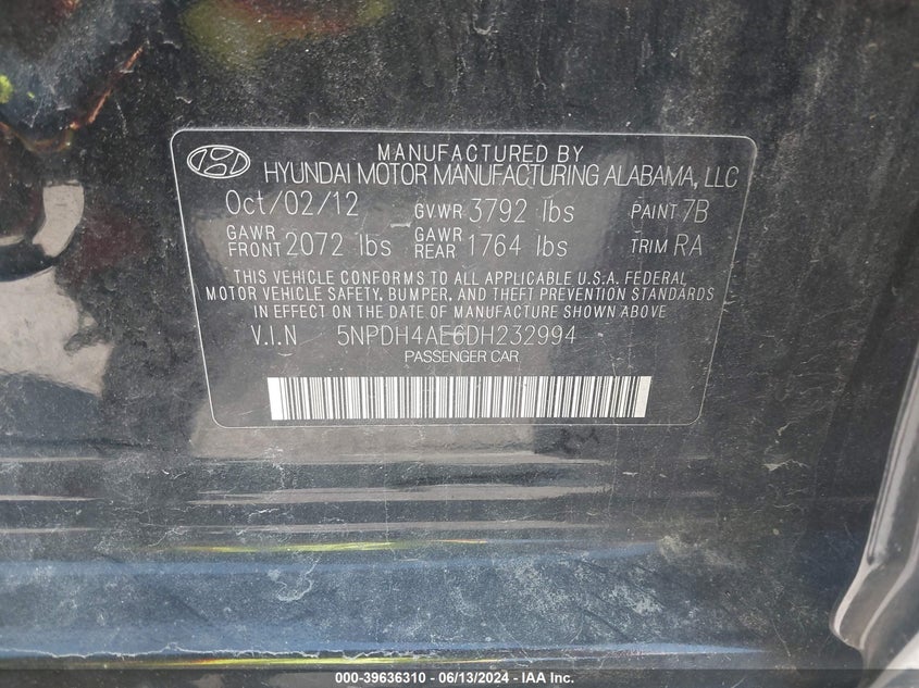 2013 Hyundai Elantra Gls VIN: 5NPDH4AE6DH232994 Lot: 39636310