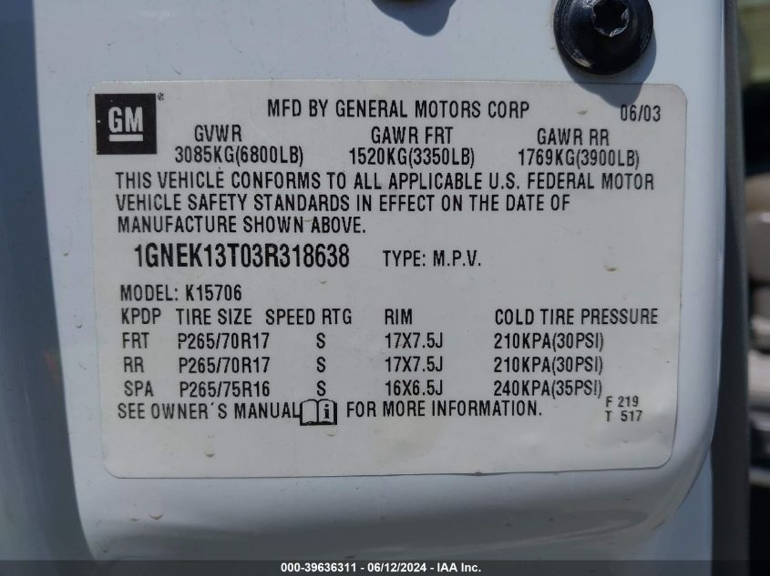 2003 Chevrolet Tahoe Z71 VIN: 1GNEK13T03R318638 Lot: 39636311