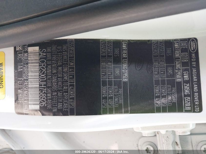 2018 Land Rover Discovery Sport Hse VIN: SALCR2SX0JH758926 Lot: 39636320