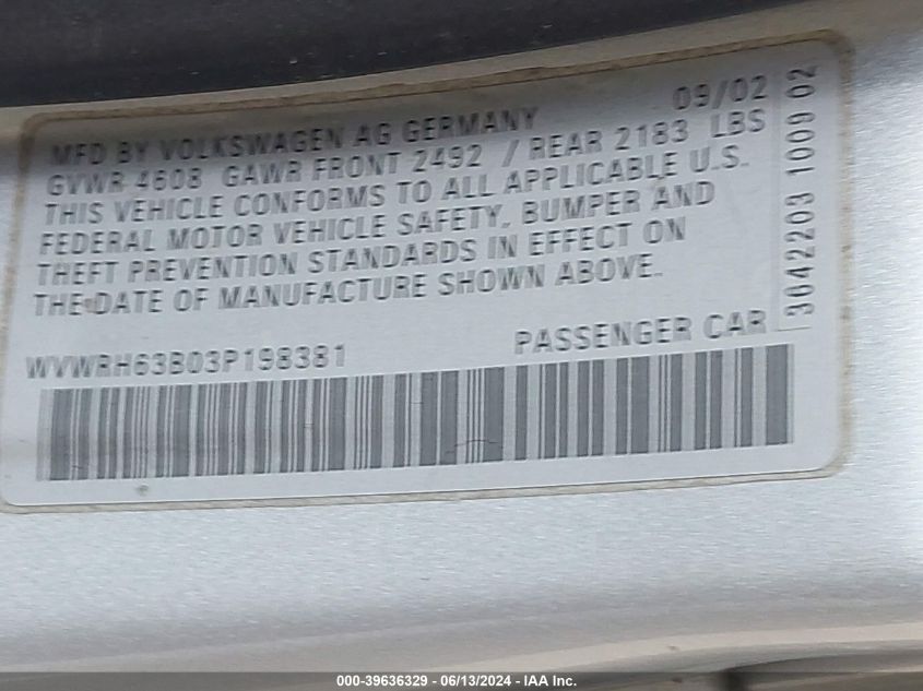 2003 Volkswagen Passat Glx VIN: WVWRH63B03P198381 Lot: 39636329
