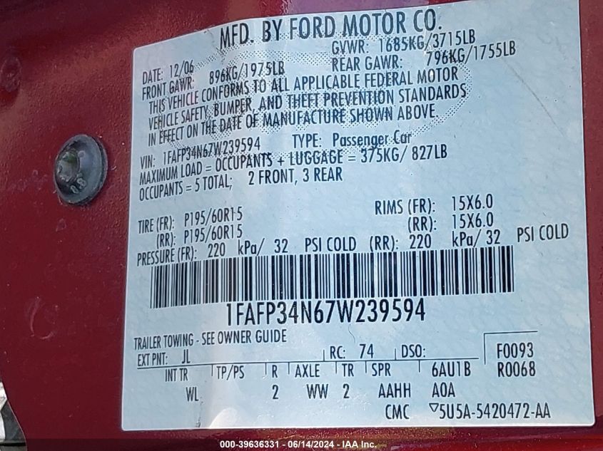 2007 Ford Focus S/Se/Ses VIN: 1FAFP34N67W239594 Lot: 39636331