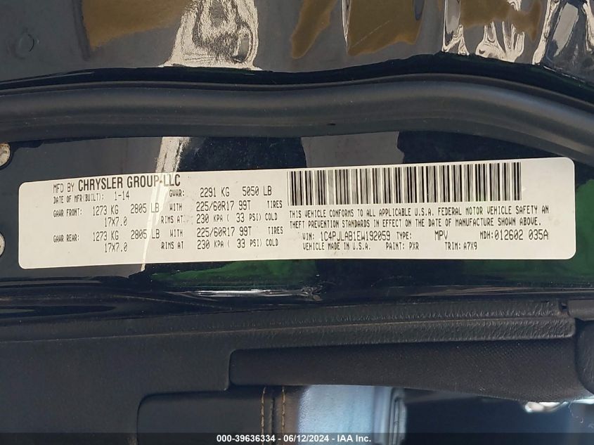 2014 Jeep Cherokee Sport VIN: 1C4PJLAB1EW192059 Lot: 39636334