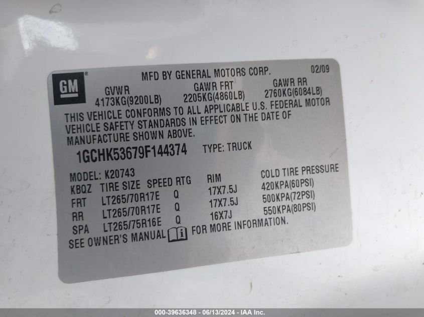 2009 Chevrolet Silverado 2500Hd Lt VIN: 1GCHK53679F144374 Lot: 39636348