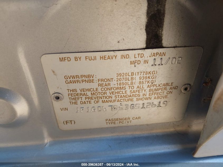 2003 Subaru Impreza 2.5Rs VIN: JF1GD67553G512619 Lot: 39636357