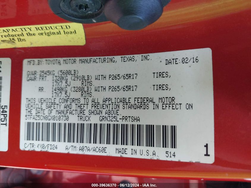 2016 Toyota Tacoma Trd Sport VIN: 5TFAZ5CN8GX010730 Lot: 39636370