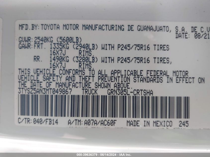 2021 Toyota Tacoma Sr V6 VIN: 3TYSZ5AN3MT049867 Lot: 39636379