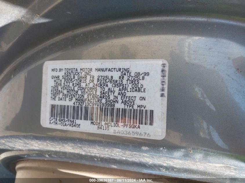 2000 Toyota Sienna Le VIN: 4T3ZF13C9YU193998 Lot: 39636387