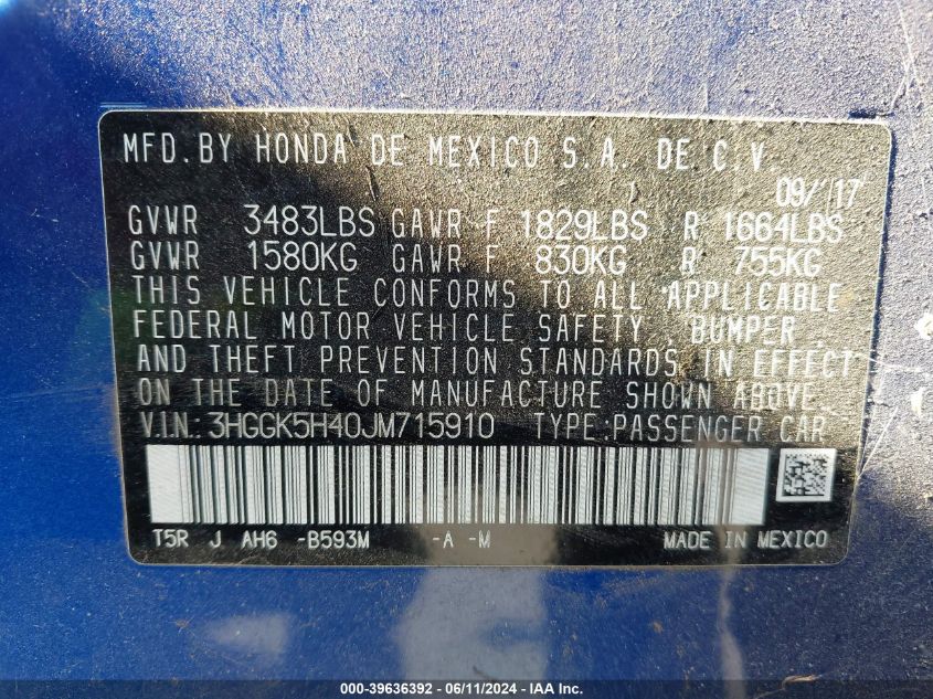 2018 Honda Fit Lx VIN: 3HGGK5H40JM715910 Lot: 39636392