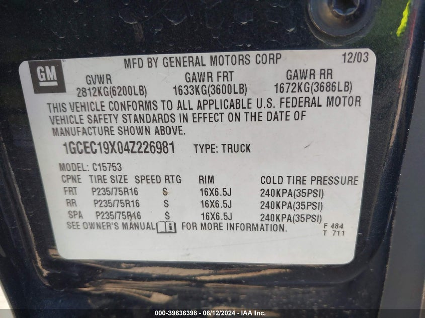 2004 Chevrolet Silverado 1500 Work Truck VIN: 1GCEC19X04Z226981 Lot: 39636398