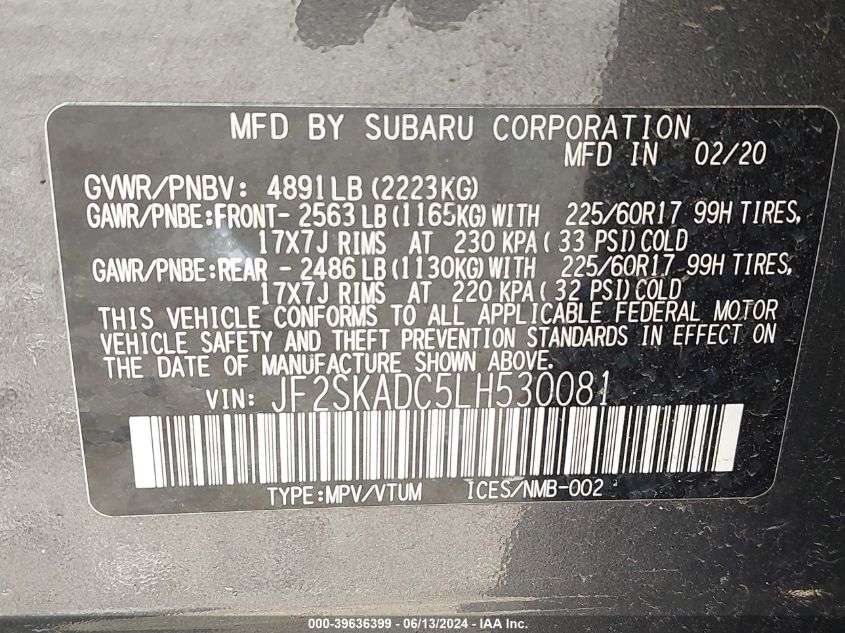 2020 Subaru Forester VIN: JF2SKADC5LH530081 Lot: 39636399