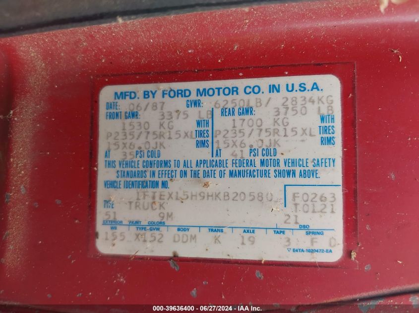 1987 Ford F150 VIN: 1FTEX15H9HKB20580 Lot: 39636400