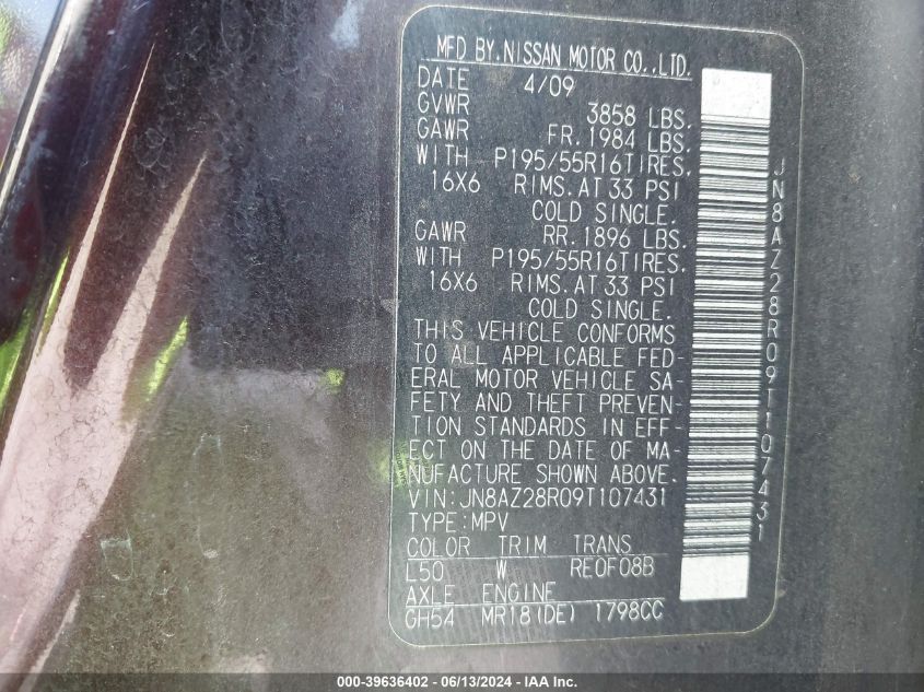 2009 Nissan Cube 1.8Sl VIN: JN8AZ28R09T107431 Lot: 39636402