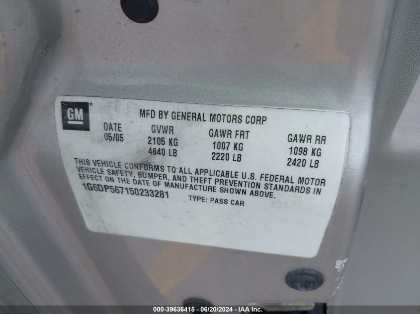 2005 Cadillac Cts Standard VIN: 1G6DP567150233281 Lot: 39636415