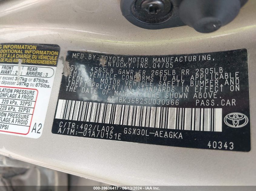 2005 Toyota Avalon Xls VIN: 4T1BK36B25U030366 Lot: 39636417