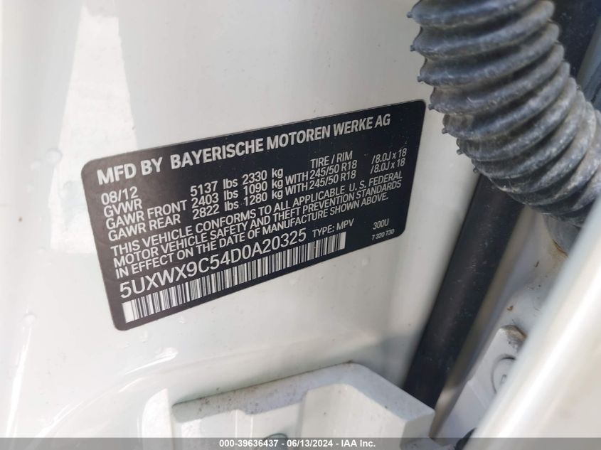 2013 BMW X3 xDrive28I VIN: 5UXWX9C54D0A20325 Lot: 39636437