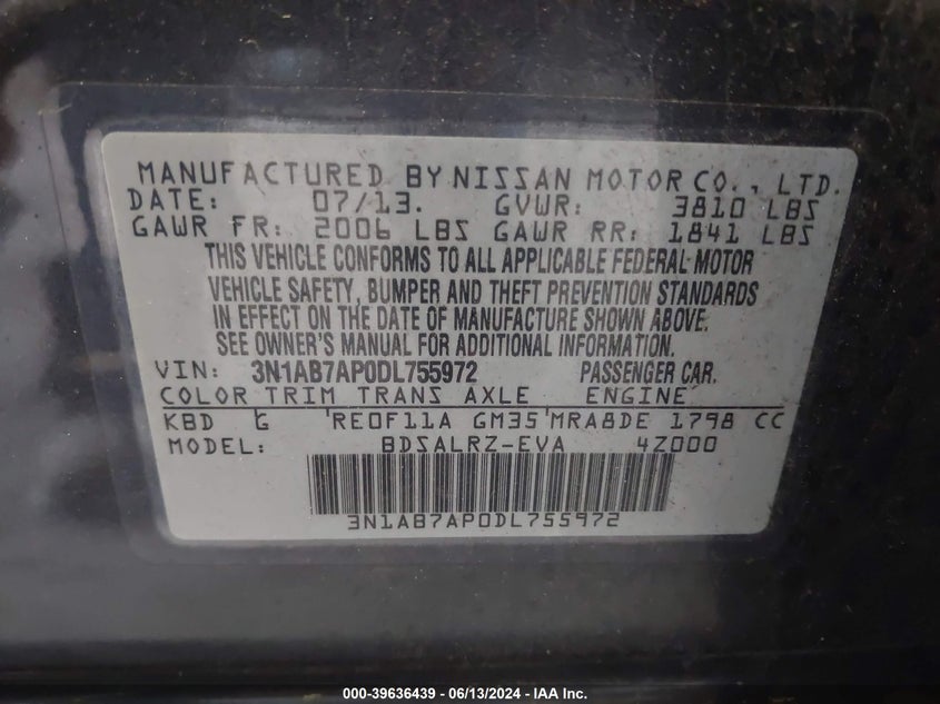 2013 Nissan Sentra Sr VIN: 3N1AB7AP0DL755972 Lot: 39636439