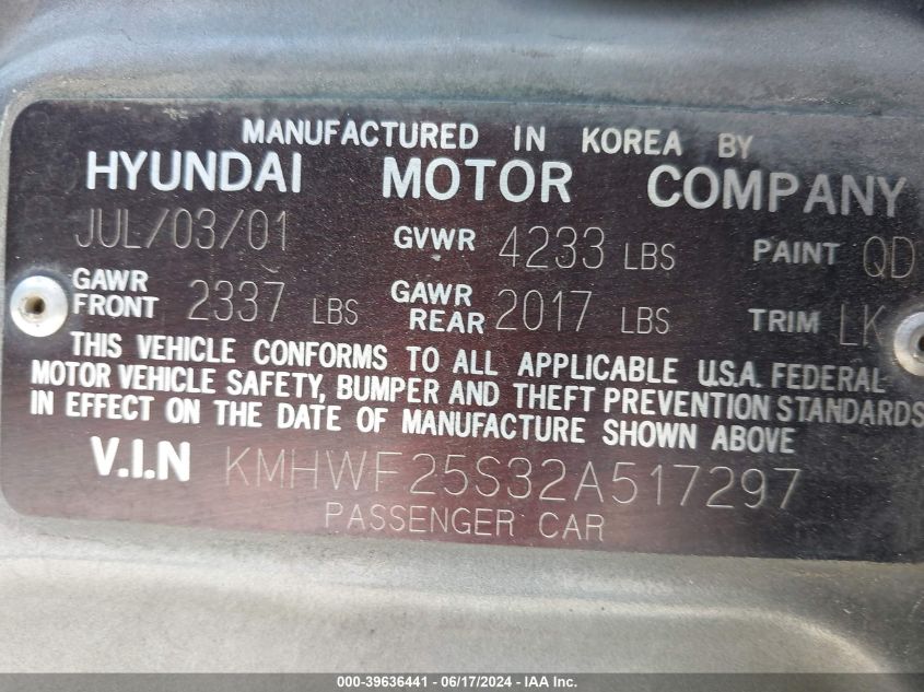 2002 Hyundai Sonata VIN: KMHWF25S32A517297 Lot: 39636441