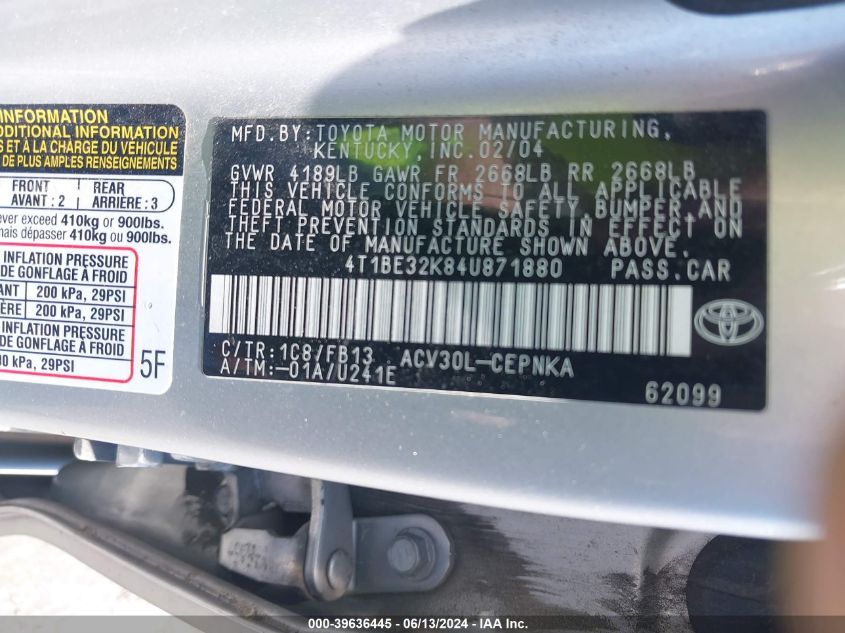 2004 Toyota Camry Le VIN: 4T1BE32K84U871880 Lot: 39636445