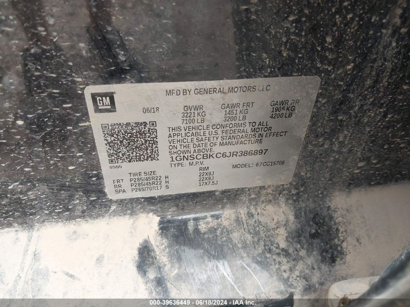 2018 Chevrolet Tahoe Lt VIN: 1GNSCBKC6JR386897 Lot: 39636449