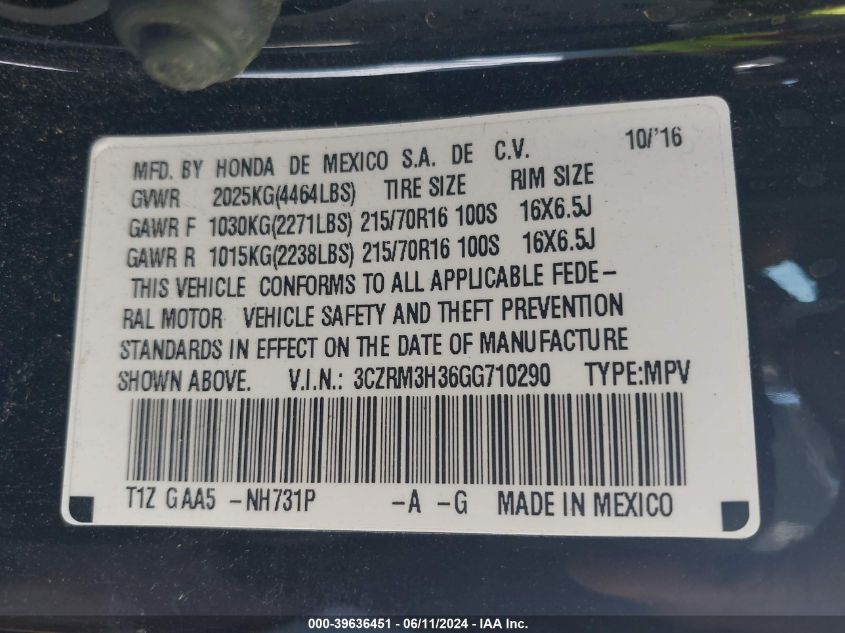 3CZRM3H36GG710290 2016 Honda Cr-V Lx