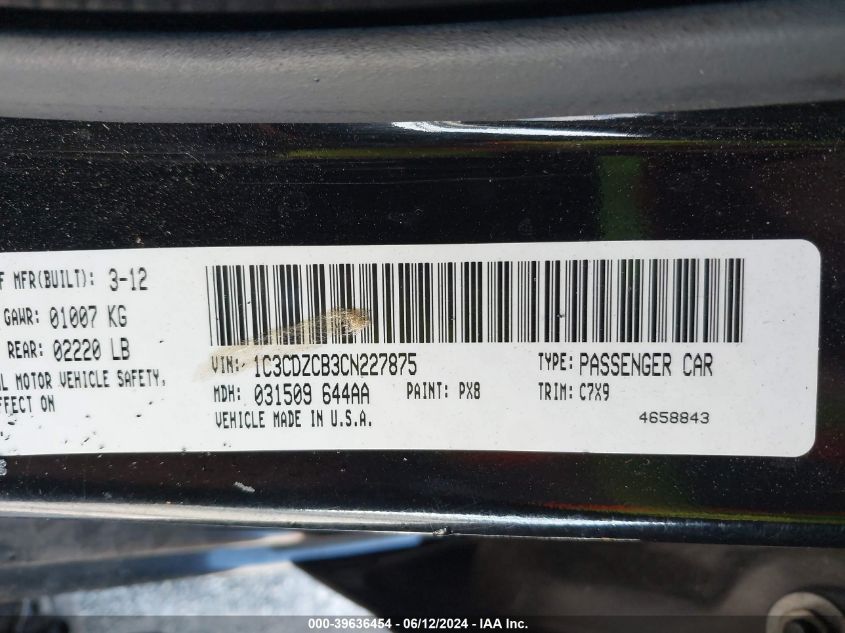 2012 Dodge Avenger Sxt VIN: 1C3CDZCB3CN227875 Lot: 39636454