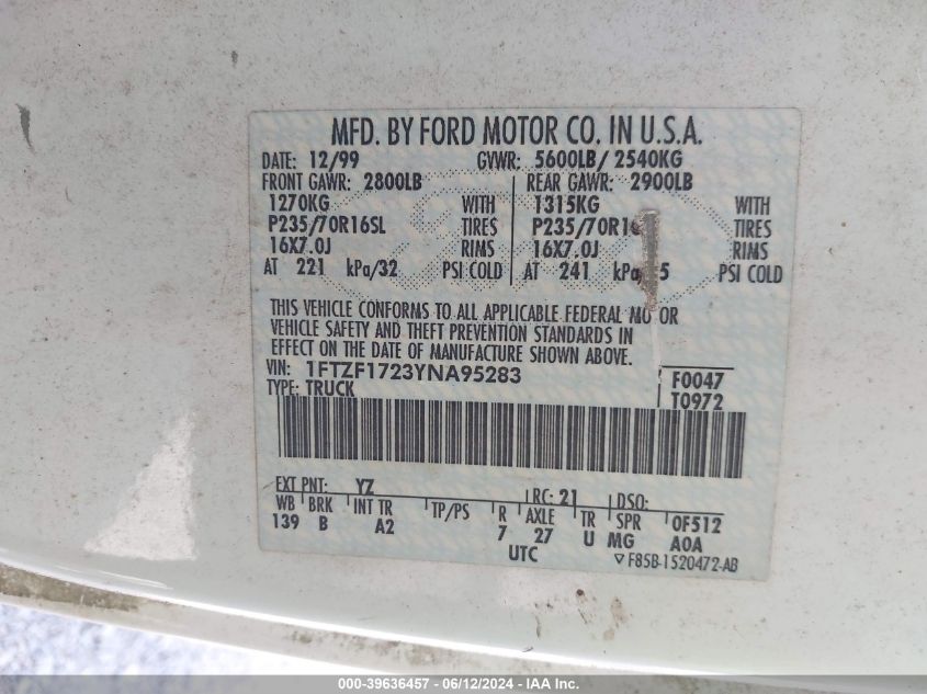 2000 Ford F-150 Work Series/Xl/Xlt VIN: 1FTZF1723YNA95283 Lot: 39636457