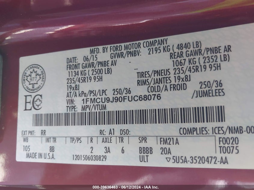 2015 Ford Escape Titanium VIN: 1FMCU9J90FUC68076 Lot: 39636463