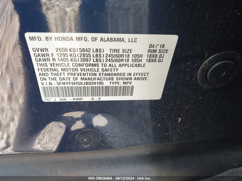 2018 HONDA PILOT EXL - 5FNYF6H5XJB039105