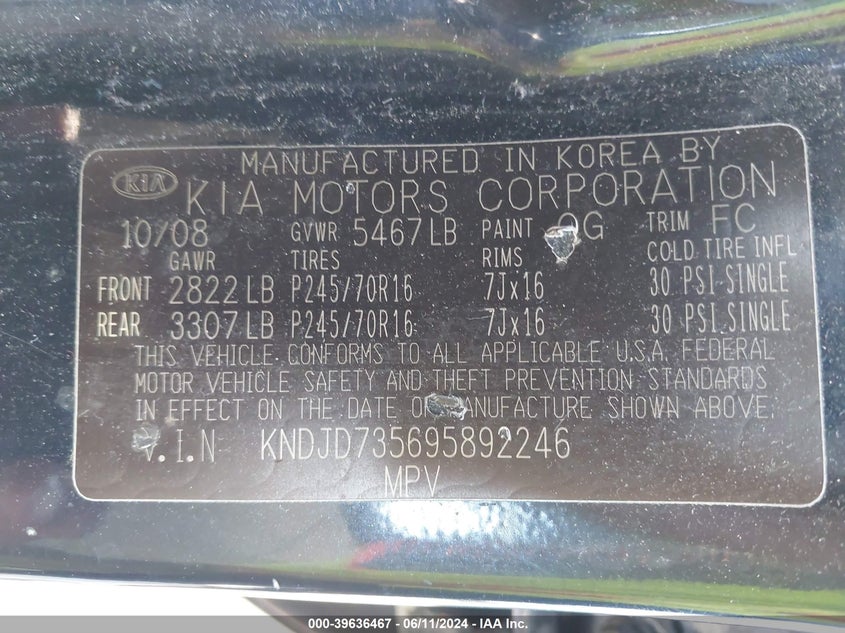 2009 Kia Sorento Lx VIN: KNDJD735695892246 Lot: 39636467