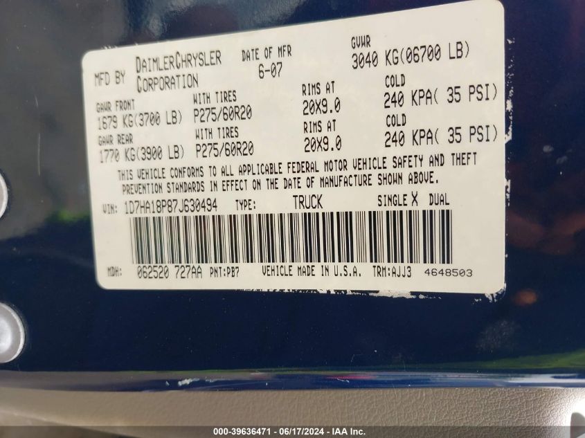 2007 Dodge Ram 1500 Slt VIN: 1D7HA18P87J630494 Lot: 39636471