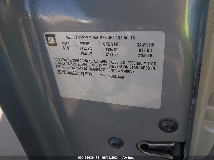 2008 Chevrolet Impala Ltz VIN: 2G1WU583089174672 Lot: 39636478