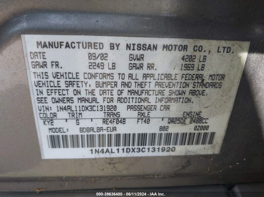 2003 Nissan Altima 2.5 S VIN: 1N4AL11DX3C131920 Lot: 39636480