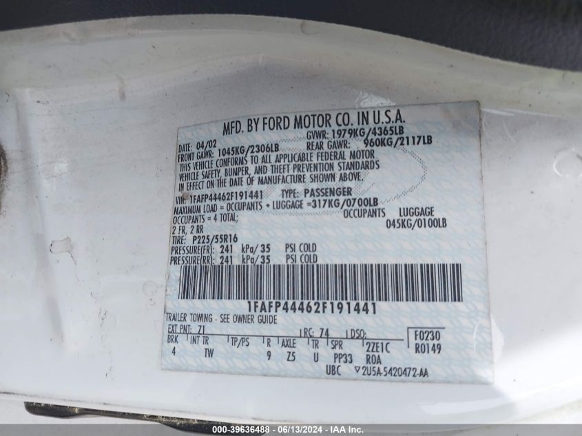 2002 Ford Mustang VIN: 1FAFP44462F191441 Lot: 39636488