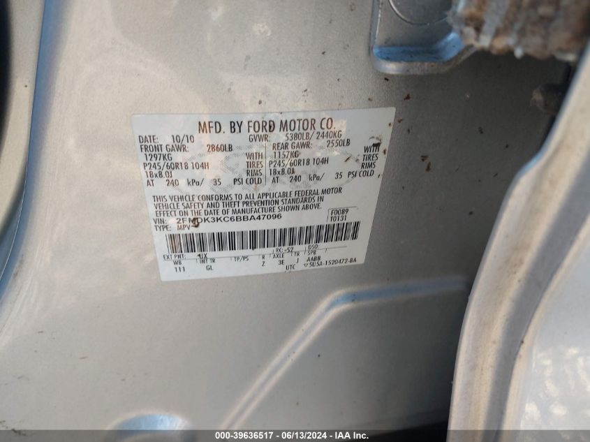 2011 Ford Edge Limited VIN: 2FMDK3KC6BBA47096 Lot: 39636517