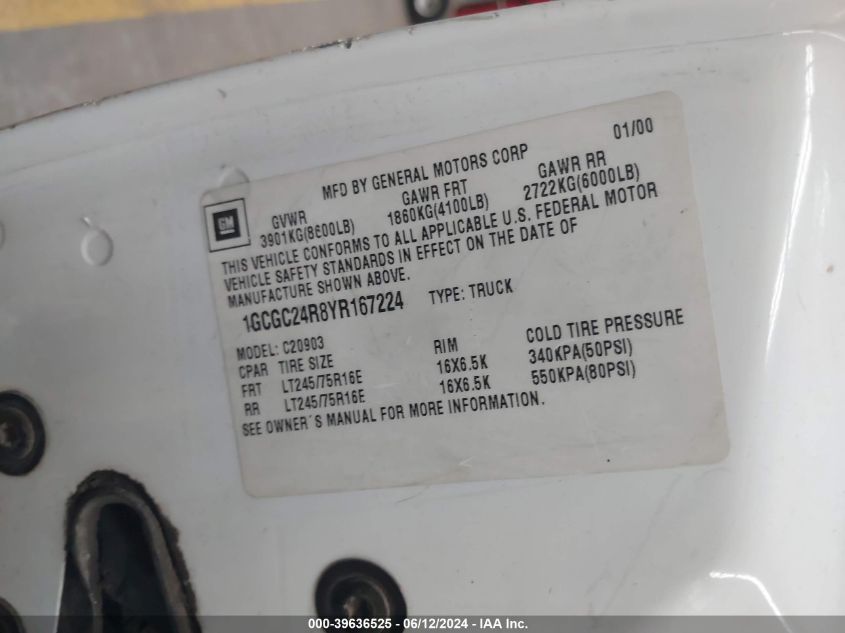 2000 Chevrolet C2500 VIN: 1GCGC24R8YR167224 Lot: 39636525