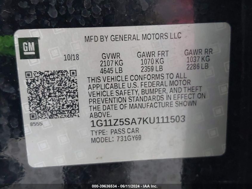 2019 Chevrolet Impala Lt VIN: 1G11Z5SA7KU111503 Lot: 39636534