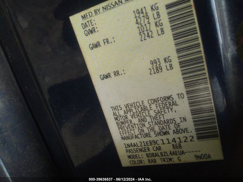 2009 Nissan Altima 2.5 S VIN: 1N4AL21E89C114122 Lot: 39636537