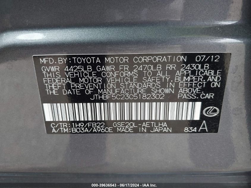 2012 Lexus Is 250 VIN: JTHBF5C23C5182302 Lot: 39636543