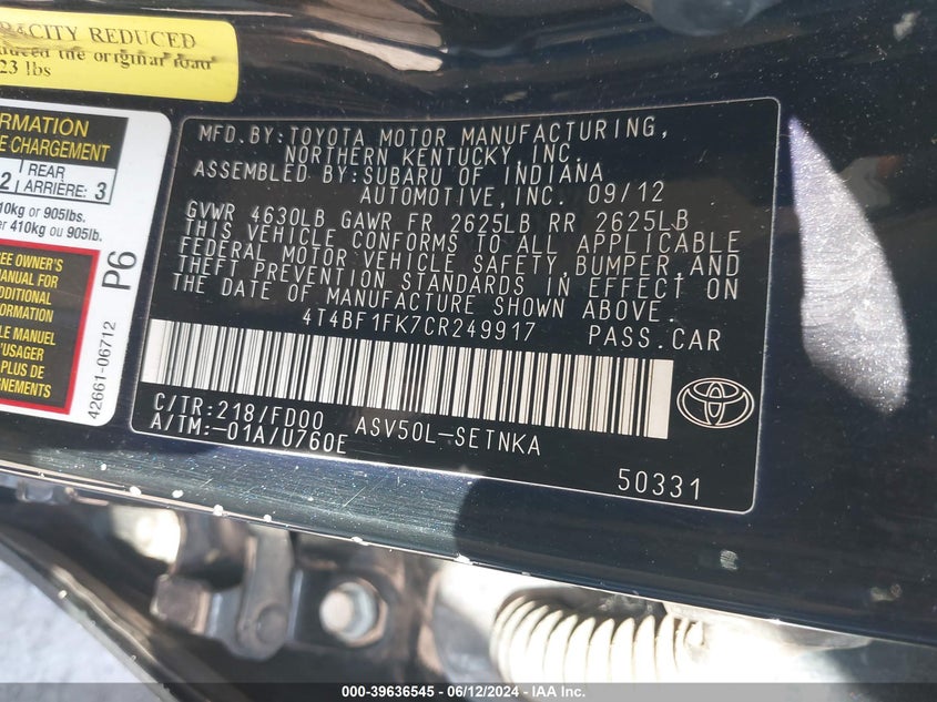 2012 Toyota Camry Le VIN: 4T4BF1FK7CR249917 Lot: 39636545