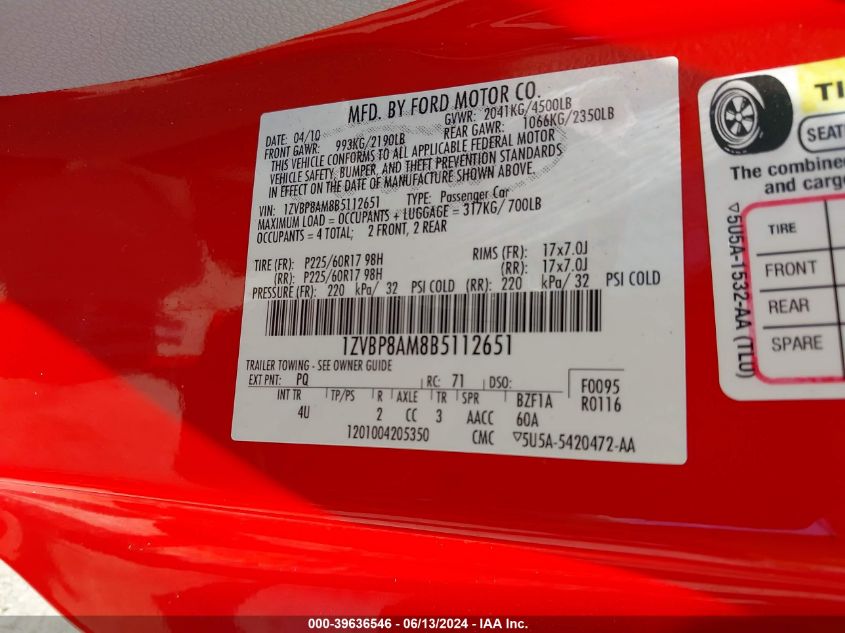 2011 Ford Mustang V6 Premium VIN: 1ZVBP8AM8B5112651 Lot: 39636546