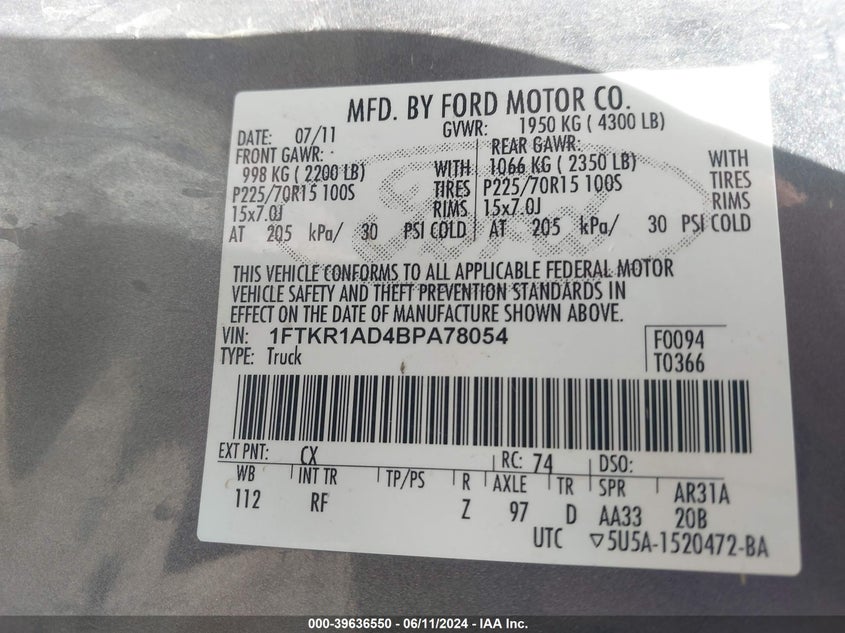 2011 Ford Ranger Xlt VIN: 1FTKR1AD4BPA78054 Lot: 39636550