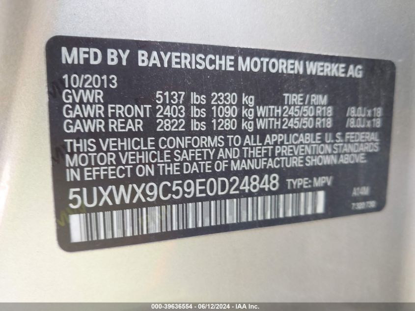 2014 BMW X3 xDrive28I VIN: 5UXWX9C59E0D24848 Lot: 39636554