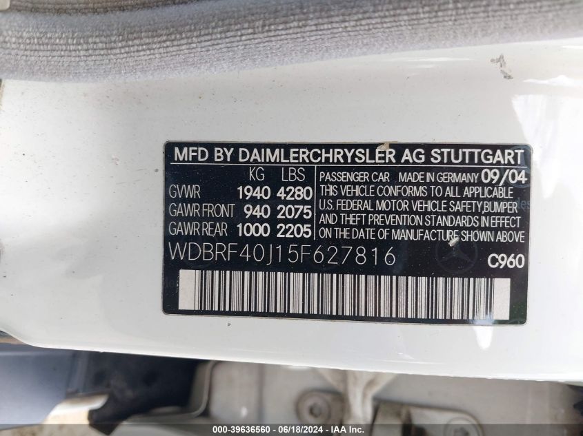 2005 Mercedes-Benz C 230 Kompressor Sport VIN: WDBRF40J15F627816 Lot: 39636560