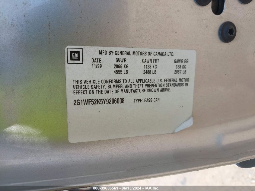 2000 Chevrolet Impala VIN: 2G1WF52K5Y9206008 Lot: 39636561