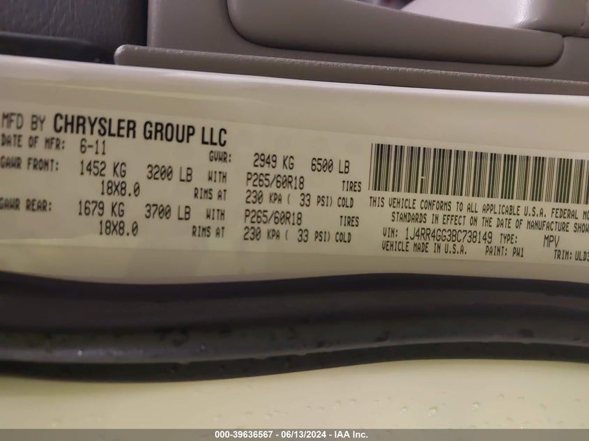 2011 Jeep Grand Cherokee Laredo VIN: 1J4RR4GG3BC738149 Lot: 39636567