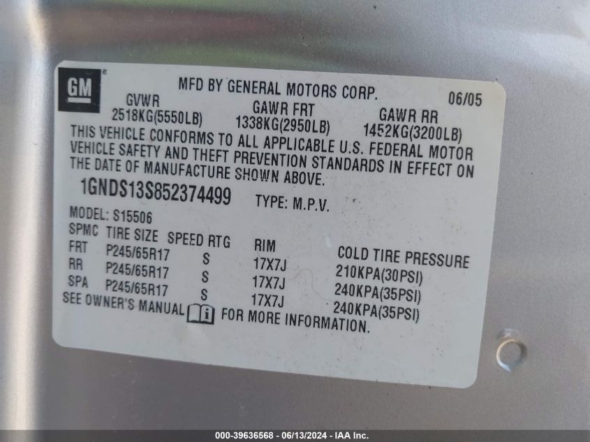 2005 Chevrolet Trailblazer Ls VIN: 1GNDS13S852374499 Lot: 39636568