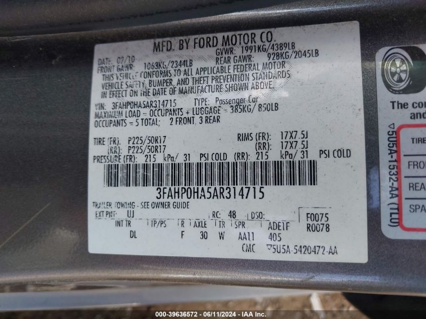 2010 Ford Fusion Se VIN: 3FAHP0HA5AR314715 Lot: 39636572