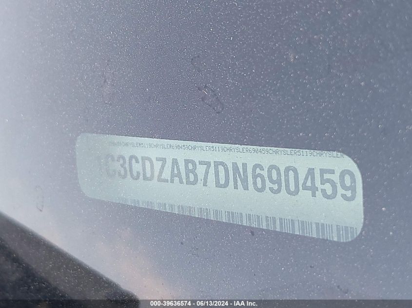 2013 Dodge Avenger Se VIN: 1C3CDZAB7DN690459 Lot: 39636574